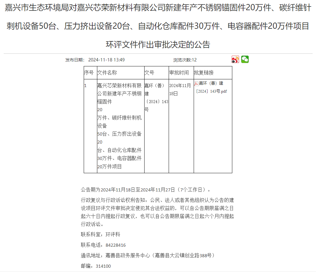 嘉興芯榮新材料公司新建年產(chǎn)20萬不銹鋼錨固件建設(shè)項目環(huán)評獲審批