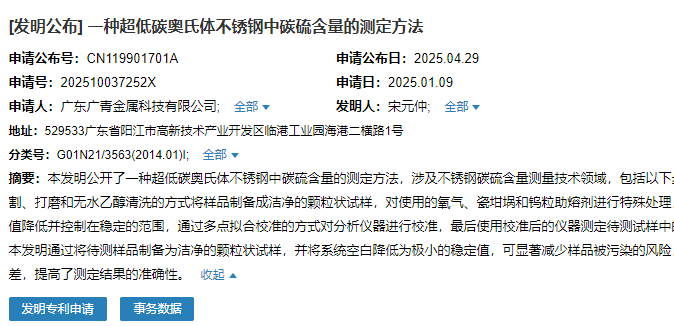 廣青科技申請“一種超低碳奧氏體不銹鋼中碳硫含量的測定方法”專利